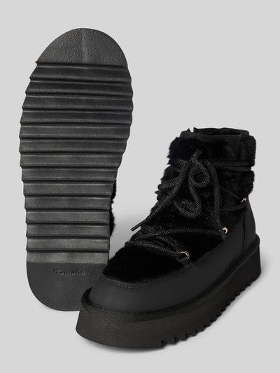 Produktfoto, Kozaki Boots in Webfell-Optik von Tamaris, efekt: jednolity kolor, nosek buta okrągły, płaska podeszwa, wytłoczone logo, wiązanie, strukturyzowana podeszwa, wykończenie: imitacja skóry welurowej, sztuczne futro.