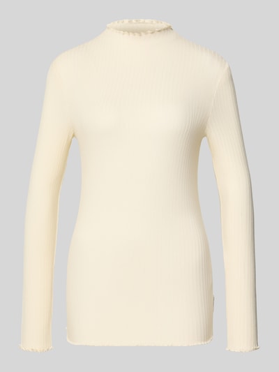Produktfoto, Slim Fit Langarmshirt aus Lyocell-Mix von Marc O'Polo Denim, jednokolorowy kremowy, krój slim fit, wzór w paski, naszywka z logo, wyhaftowane logo, wysokie zapięcie, długi rękaw, zakończenie: falbanki, wykończenie materiału: mieszanka lyocellu