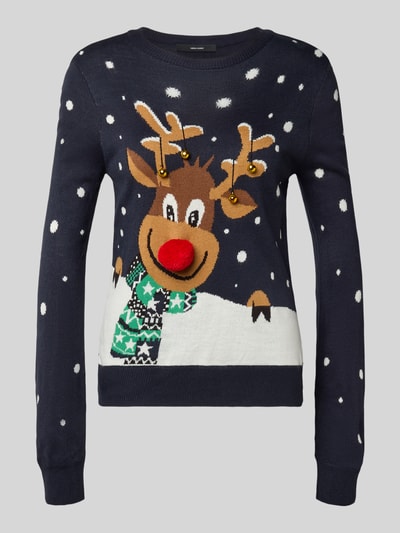 VERO MODA Regular Fit Weihnachtspullover mit Pom-Pom Modell 'FROSTYDEER' Dunkelblau 2