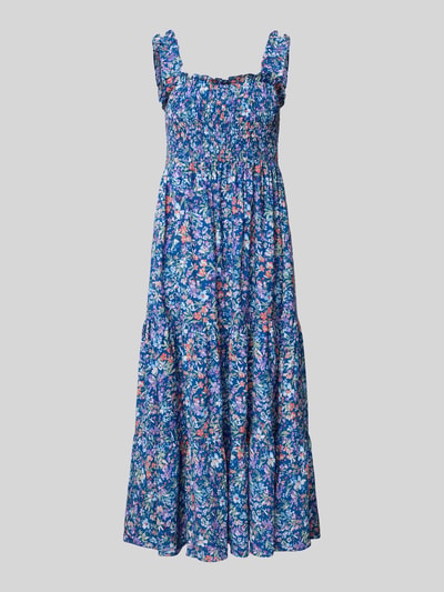 Produktfoto, Midikleid mit Smok-Details und Volantsaum von Apricot, niebieski wzór kwiatowy, taliowany fason, mix wiskozy, szerokie ramiączka, długość tyłu w rozmiarze S: 106 cm, szerokość w rozmiarze S: 30 cm