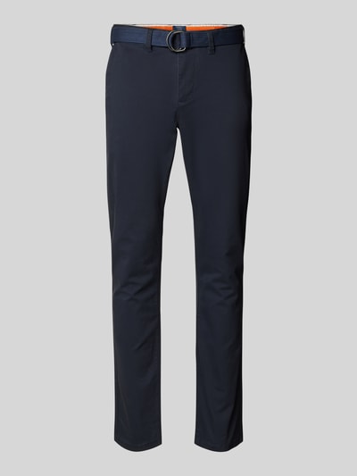 Produktfoto, Slim Fit Stoffhose mit francuskimi wpuszczanymi kieszeniami od MCNEAL, mieszanka bawełny i elastanu, jednokolorowy, pasek z materiału, zapięcie na guzik i zamek błyskawiczny, kieszenie z tyłu, szerokość w rozmiarze 50: 44 cm, długość wewnętrzna nogawki w rozmiarze 50: 81 cm