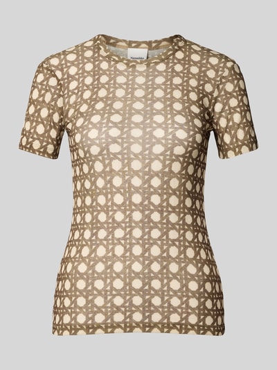 Produktfoto, Slim Fit T-Shirt mit Rundhalsausschnitt von Nanushka, geometrischer Allover-Print, semitransparent, kurzärmelig, Brauntöne