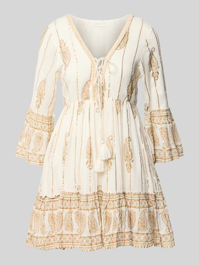 Produktfoto, Minikleid mit Allover-Paisley-Print von Apricot in Creme und Ocker, Viskose-Mix, taillierte Passform, Rüschen, Schnürverschluss