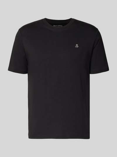 Produktfoto, T-Shirt mit Label-Print von MARC O'POLO in Schwarz, reine Baumwolle, gerader Schnitt, unifarben, gerippter Rundhalsausschnitt
