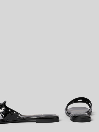 Produktfoto, Sandalette mit Logo-Muster Modell 'CIESTA' von Guess, glatte schwarze Sohle, Schlupfform, Absatzhöhe 2 cm, Größe 40.
