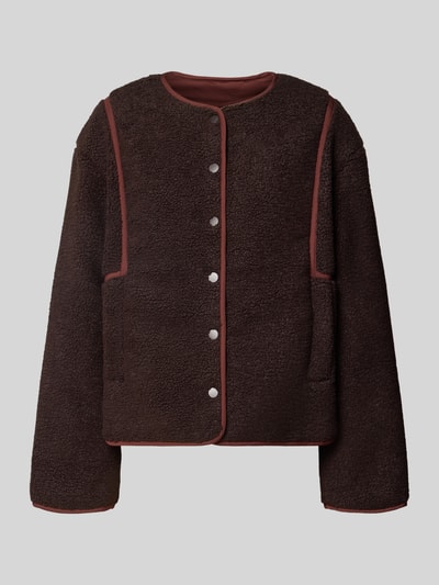 Produktfoto, Steppjacke mit Rundhalsausschnitt und Eingrifftaschen von Lanius, krój regular fit, kolor ciemnobrązowy, tekstura pluszu, guziki, szerokość w rozmiarze 36: 54 cm, długość tyłu: 60 cm, szerokość biustu: 56 cm, długość rękawa: 60 cm