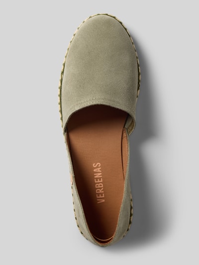 Produktfoto, Espadrilles aus Leder mit Label-Patch Modell 'CARMEN' von Verbenas in Beige, strukturierte Sohle, abgerundete Form, Detailaufnahme