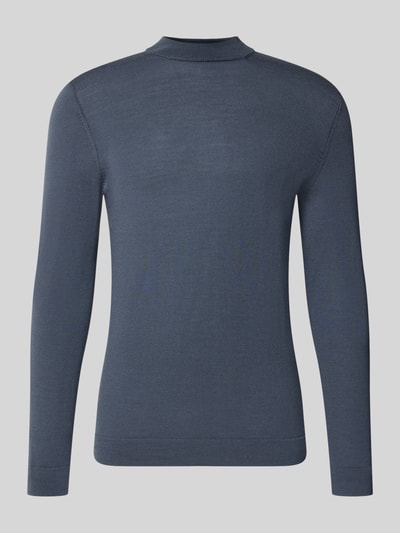 Produktfoto, dunkelblaues Slim Fit Longsleeve aus reiner Schurwolle Modell 'Arwon' von DRYKORN mit Stehkragen, Textur fein gestrickt, Rückenlänge 67 cm, Ärmellänge 68 cm
