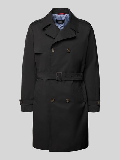 Produktfoto, czarny Regular Fit Trenchcoat mit Reverskragen Modell 'Aberdeen' von CINQUE, pasek materiałowy, krój regular fit, podwójny rząd guzików, długość tyłu 97 cm, szerokość ramion 44 cm, szerokość w rozmiarze 50: 45 cm, długość rękawa 66 cm, gładka tkanina