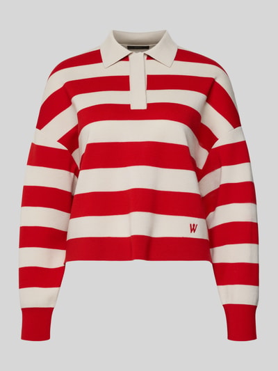 Produktfoto, Regular Fit Longsleeve aus reiner Schurwolle mit Polokragen von Windsor, rot-weiß gestreift, Strick-Optik, Logo-Stitching