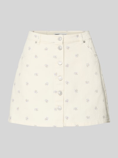 Produktfoto, Ausgestellter Mini-Rock aus reiner Baumwolle Modell 'NAOMI' von Only in Creme mit florales-Allover-Muster, Knopfleiste, Twill-Qualität, Gesäßtaschen und seitliche Eingrifftaschen.