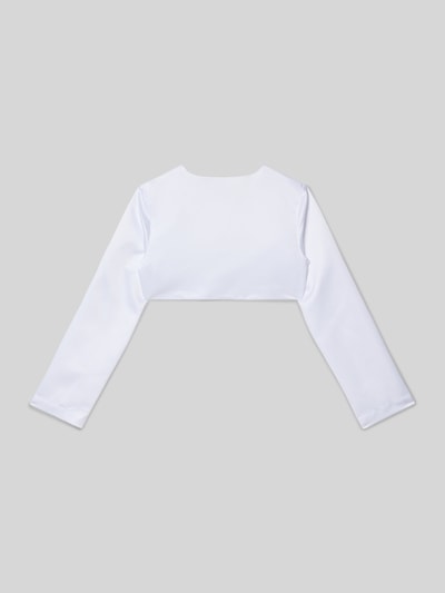 Produktfoto, Bolero aus Satin mit offener Vorderseite von Happy Girls, biały, krótki, satynowy, dziecięcy, gładka faktura, widok tyłu.