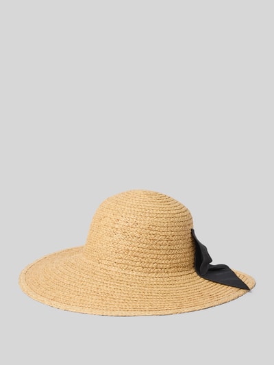 Produktfoto, naturfarbener Damen Hut aus reinem Stroh mit schwarzer Zierschleife und Logo-Detail, Hut mit Zierschleife Modell 'Raffia' von Loevenich.