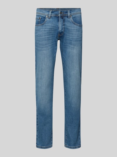 Produktfoto, niebieskie spodnie Tapered Fit Jeans im 5-Pocket-Design Modell 'Lyon' od Pierre Cardin z bawełnianego miksu z domieszką stretch, widoczny zamek kryty, szlufki, szerokość pasa 42 cm, długość nogawki 80 cm