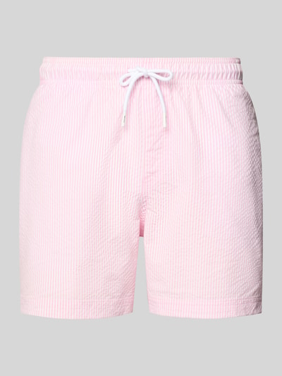 Produktfoto, Badehose aus Seersucker mit elastischem Bund Modell 'MAUI OCEAN' von Jack & Jones, Regular-Fit, Kordelzug, weiß-rosa gestreift