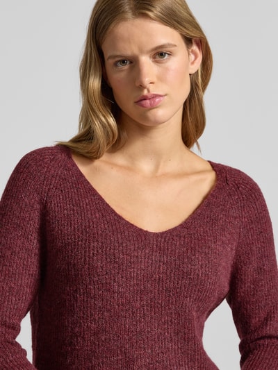 Pieces Regular Fit Strickpullover mit Rippstruktur Modell 'ELLEN' Dunkelrot Melange 3