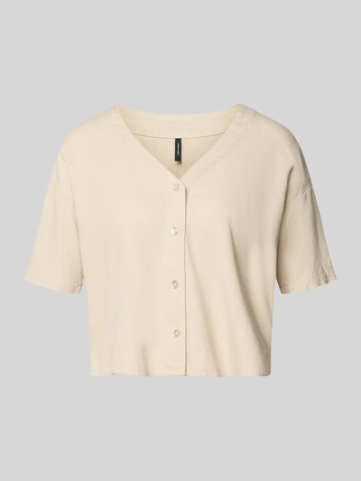 Produktfoto, Boxy Fit Hemdbluse aus Viskose-Leinen-Mix Modell 'MYMILO' von Vero Moda in Beige, Flammgarnstruktur, Tunika-Kragen, 3/4-Arm.
