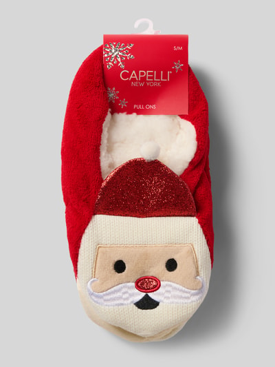 Produktfoto, Kuschelsocken mit Noppen Modell 'Santa' von CAPELLI NEW YORK in Rot und Creme mit Zier-Applikationen, weiche Textur