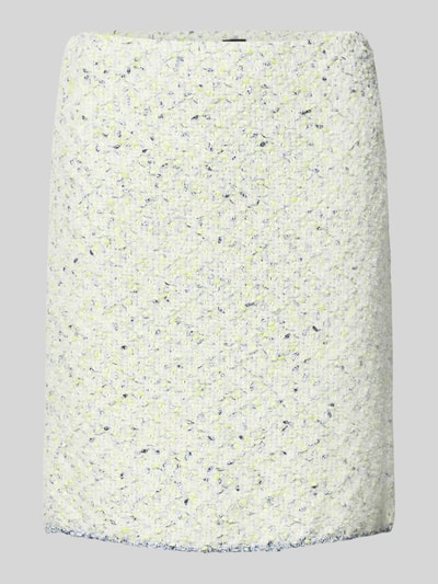 Produktfoto, Knielanger Rock in Bouclé-Optik von Marc Cain aus Baumwoll-Mix in Weiß und Gelb, Straight Fit, strukturierte Oberfläche, Knielänge, Bundweite 38 cm, Gesamtlänge 50 cm, Größe 36.