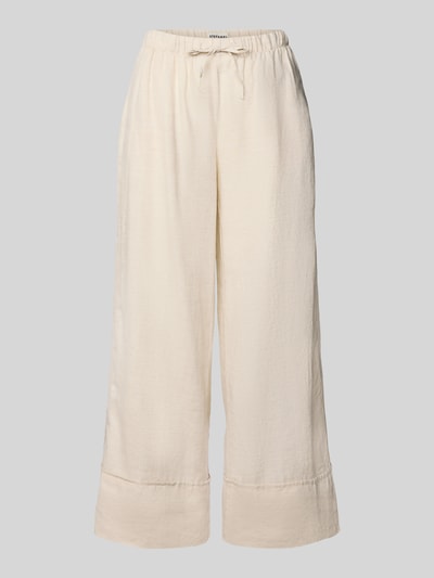 Produktfoto, Leinenhose mit elastischem Bund Modell 'FLORA' von Stefanel, Reines Leinen, Wide-Leg-Fit, Kordelzug, Gesäßleistentasche, Bundweite 36 cm, Innenbeinlänge 78 cm, helle Farbe, glatte leichte Textur