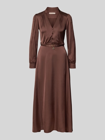 Rinascimento Abendkleid aus Satin mit V-Ausschnitt und Gürtel Dunkelbraun 2
