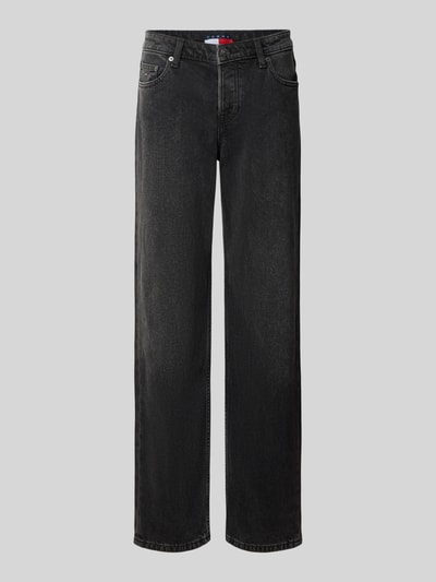 Produktfoto, schwarze Straight Fit Jeans aus Baumwoll-Mix von Tommy Jeans, Damen Straight Fit Jeans von Tommy Jeans, grauer Hintergrund
