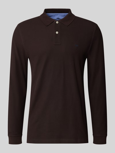 Produktfoto, Regular Fit Langarm-Poloshirt mit Label-Stitching von Fynch-Hatton in Dunkelbraun, reine Baumwolle, Knopfleiste, glatte Textur