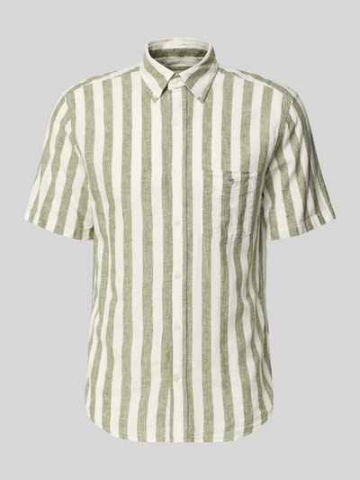 Produktfoto, Regular Fit Freizeithemd aus Leinen-Baumwoll-Mix von Gant mit grün-weißem Streifenmuster, Button-Down-Kragen, Brusttasche, Label-Stitching