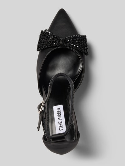 Produktfoto, Brautschuhe mit Strasssteinen Modell 'Last Dance' von Steve Madden in Schwarz, spitz zulaufend, Zierschleife, Pfennigabsatz, 9 cm hoch, dünner Riemen mit Dornschließe, glatte Textur.