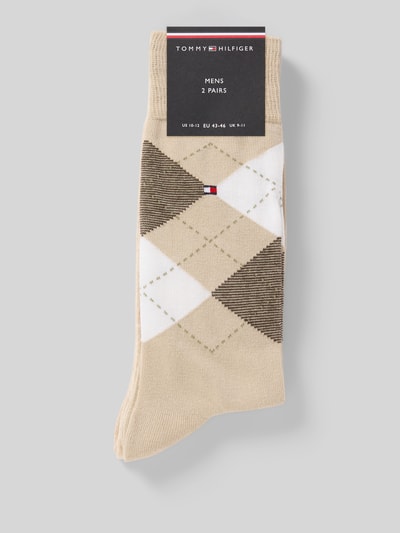 Produktfoto, Socken aus Baumwoll-Mix im 2er-Pack von Tommy Hilfiger mit Allover-Muster in Beige, Weiß, Braun, elastischer Bund, Label Print.