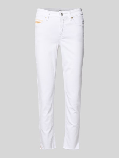 Produktfoto, Slim Fit Jeans mit Fransensaum Modell 'PIPER SHORT' von Cambio in Weiß, Baumwoll-Mix mit Stretch-Anteil, Eingrifftaschen, Knopf-Reißverschluss, körpernaher Schnitt, Damen, Gesäßtaschen, Bundweite 39 cm, Innenbeinlänge 68 cm