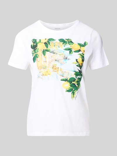 Productfoto, T-Shirt met motiefprint en ronde halsuitsnijding van Marc Cain, puur katoen, straight fit, lengte rug maat 36: 54 cm, wit met citroengele en groene accenten