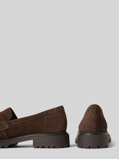 Produktfoto, Loafer aus echtem Rindsleder von Tamaris, braunes Glattleder, unifarben, Blockabsatz, profiliert, Logo-Detail, seitlich und Rückansicht