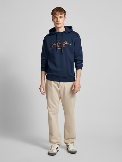 Jack & Jones Hoodie met labelprint, model 'FERRIS' Marineblauw - 1