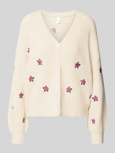 Produktfoto, cardigan met loose fit van YAS, Model 'FLEUR', materiaalmix met katoen, V-hals, knoopsluiting, schouderpartijen met bloemenmotief