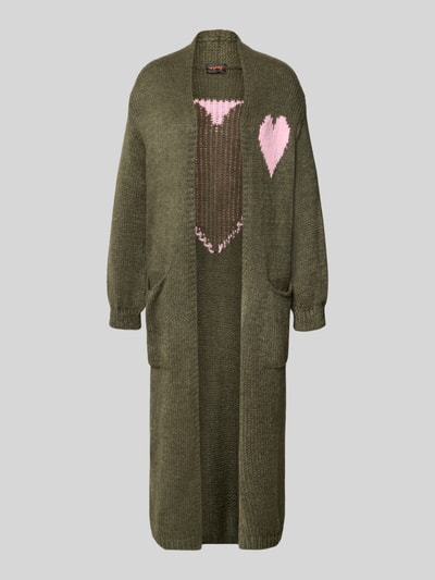 Produktfoto, Strickjacke mit Woll-Anteil von miss goodlife, olivgrün mit rosa Herz-Motiv, lockere Passform, Material-Mix, offene Form