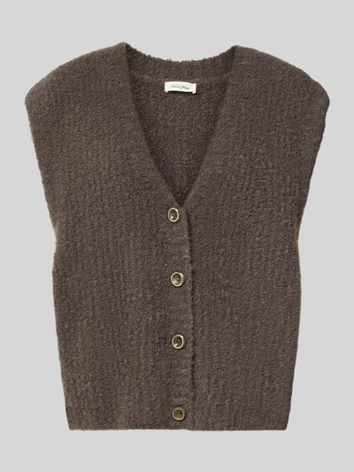 Produktfoto, Relaxed Fit Weste mit Alpaka-Anteil Modell 'Zolly' von American Vintage, mieszanka bawełny i wełny z alpaki, krój relaxed fit, imitacja dzianiny, listwa guzikowa, dekolt w serek, długość tyłu w rozmiarze XS/S: 57 cm, kolor brązowy, miękka tekstura