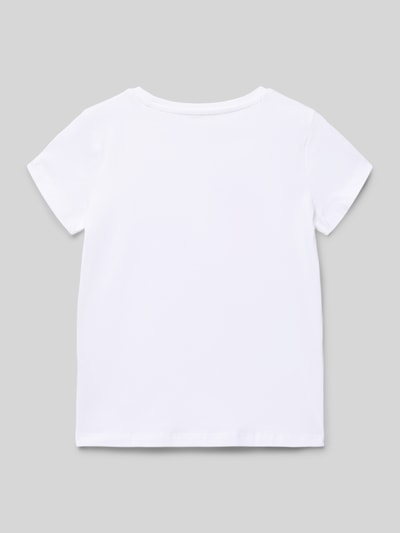Produktfoto, T-Shirt mit Rundhalsausschnitt und Motiv-Print von Guess, weißer Baumwoll-Mix mit Stretch-Anteil, Gerader-Schnitt, schlichte Oberfläche