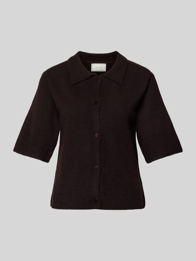Produktfoto, Regular Fit Hemdbluse mit Woll-Anteil Modell 'Cunna' von Neo Noir in Dunkelbraun, Strick-Optik, Umlegekragen, Halbarm, Knopfleiste.