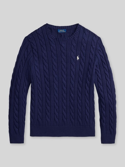 Produktfoto, Regular Fit Strickpullover aus reiner Baumwolle von Polo Ralph Lauren w kolorze granatowym, splot warkoczowy, logo, struktura dzianinowa