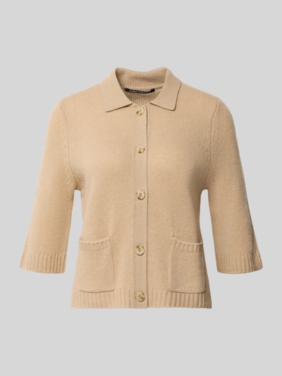 Produktfoto, Regular Fit Strickjacke aus Woll-Mix mit Kaschmir-Anteil von Luisa Cerano, beżowy kolor, półrękaw, kieszenie naszywane, zapięcie na guziki, prążkowane wykończenia, kontekst: damska strickjacke, długość z tyłu w rozmiarze 36: 50 cm, długość rękawa w rozmiarze 36: 37 cm