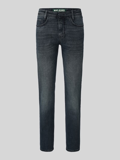 Produktfoto, Straight Fit Jeans aus Baumwoll-Mix Modell 'ARNE' von MAC in dunkelblauer Waschung, glatte Textur mit sichtbaren Nähten, Herren Straight Fit Jeans von MAC