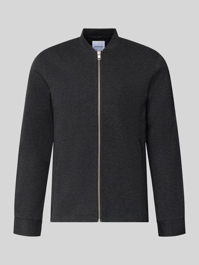 Produktfoto, Slim Fit Sweatjacke mit Stehkragen von Lindbergh, Mieszanka materiałów z dodatkiem streczu, krój slim fit, zamek błyskawiczny, wpuszczane kieszenie, kolor ciemnoszary, gładka tekstura