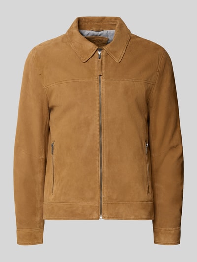 Produktfoto, lichtbruine Lederjacke aus Schafsnubuk mit Reißverschluss Modell 'TRIVEN' van MAURITIUS, regular fit, suède textuur, opstaande kraag, ritssluiting, ritszakken