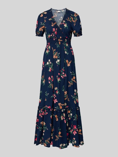 Produktfoto, Regular Fit Maxikleid aus reiner Viskose mit V-Ausschnitt von Apricot in Dunkelblau mit farbigem floralen Allover-Print, taillierter Passform, Kurzärmelig, elastische Ärmelabschlüsse, Raffungen, Rückenlänge 134 cm, Brustweite 45 cm, Ärmellänge 25 cm, Textur weich fließend.