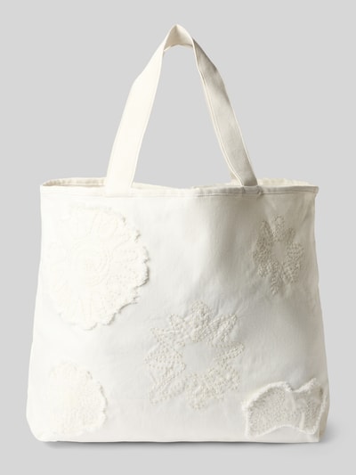 Produktfoto, Strandtasche aus Baumwolle Modell 'Dieuw' von Barts in Creme mit gehäkelten Blumenmustern, Henkel und Reißverschluss-Innenfach, rechteckige Form, weiche Textur, 53x39x19 cm, Hauptfach mit Schnürung, Schulterriemen 52 cm.