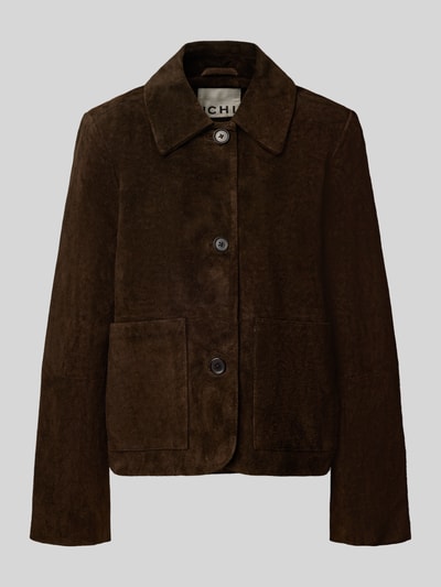 Produktfoto, Lederjacke mit Kentkragen Modell 'ALAVA' von ICHI, echtes Büffelleder, Regular Fit, braune Farbe, Knopfleiste, Eingrifftaschen, strukturierte Oberfläche