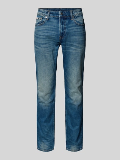 Produktfoto, Jeans mit 5-Pocket-Design von Calvin Klein Jeans, blau, Slim Fit, Baumwoll-Elasthan-Mix, Label-Detail, Frontansicht.