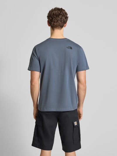 Mannelijk model draagt t-shirt uit katoenmix model 'EVOLUTION' van The North Face, regular fit, ronde hals, labelprint, ruglengte maat M 69 cm, geheel van achteren