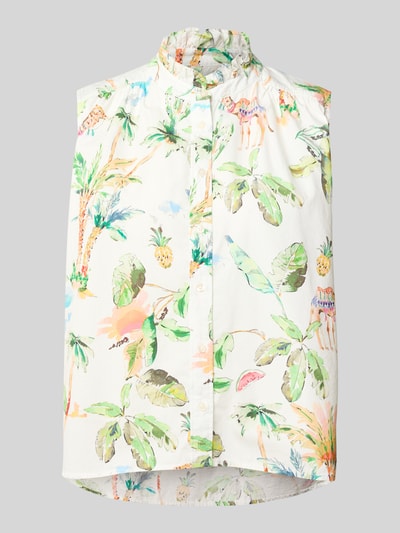 Produktfoto, Bluse mit Rüschenkragen und Knopfleiste von Emily Van den Bergh aus Reine Baumwolle, Straight Fit, verlängerter Rücken, Rückenlänge 65 cm, Größe 36, buntes tropisches Muster